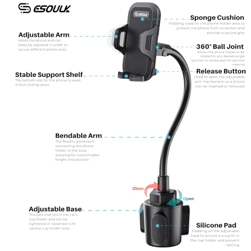 Esoulk Car Cup Phone Holder, Car Phone Holder Cup Holder with 11” Long Arm, Goose Neck Cupholder Phone Holder, Adjustable Phone Holder for Car, Universal Cup Holder for Car, Cup Cradle