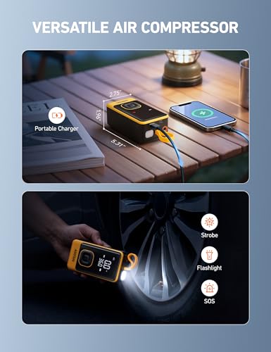 AstroAI L7 Air Tire Inflator Portable Air Compressor, 150PSI Electric Cordless Car Pump with Fast 1-min Inflation, Auto Shutoff, LED Light – Rechargeable for Car, SUV, Motorcycle, Bike Tires, Yellow