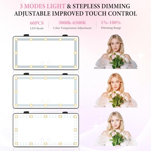 SINGARO Car Sun Visor Vanity Mirror - Rechargeable Makeup Mirror with 60 LEDs, 3 Light Modes & Dimmable Touch Control for Cars, Trucks, SUVs, Car Interior Accessories for Women (Black)