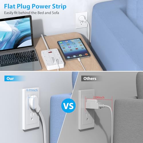 Power Strip with USB,Surge Protector Flat Plug with 8 Widely Spaced Outlets and 6 USB Ports(1 USB C), 5ft Extension Cord Wall Mountable Phone Tablet Laptop Computer Multiple Devices