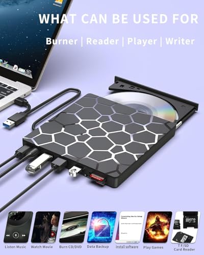 External CD DVD Drive,8 in 1 USB 3.0 and Type-C Disc Reader Writer Burner Player,Slim and Portable CD DVD +/-RW Optical Drive for PC Laptop Desktop MacBook Mac Windows Linux OS Apple (8 in 1)