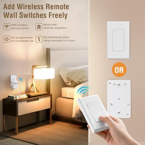 SURAIELEC Wireless Wall Switch Remote Control Outlet, No Wiring Needed, 100ft RF Range, Pre-Programmed, Expandable Remote Light Switch Kit for Plug in Pendant Light, Lamp, Small Electrical Appliance