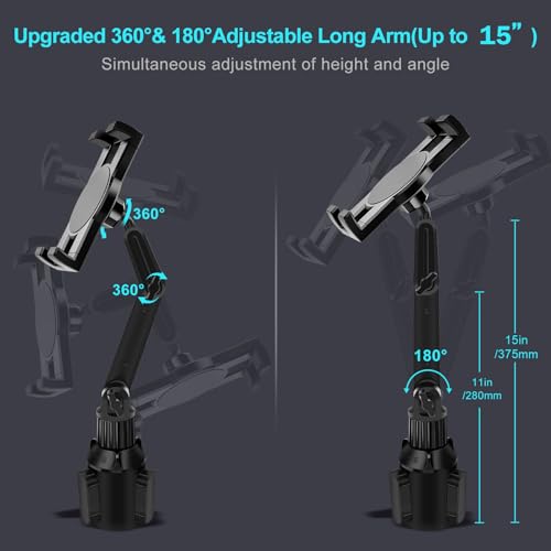 Cup Holder Car Tablet Mount for Truck, 360° Adjustable 15" Long 2-Arm Stand Holder for iPad Pro 12.9/11/10.5/9.7/Air/Mini 6/5/4, Galaxy Tab/Z Fold 6/5/4, iPhone 17/16/Pro, 4.7-12.9" Tab &Phone