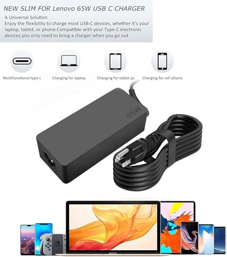 USB C 65W Laptop Charger Compatible with Lenovo Thinkpad X1 X13 T14 T15 T480s T580s ADLX65YDC2A ADLX65YLC2D Yoga 7i 9i C930 C940 Chromebook C330 S330 100e 300e 65W Laptop Power Supply Adapter Cord