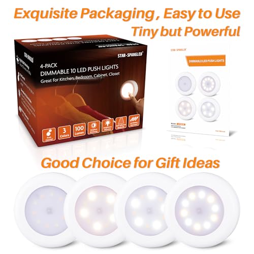STAR-SPANGLED 4 Pack 3.1” Dimmable Push Tap Lights, Stick on LED Touch Puck Lights AA Battery Operated, 3 Color Modes Sticky Button Lamps for Classroom, Kitchen, Under Cabinet, Closet