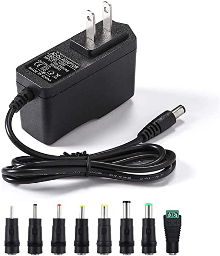 12V 2A Power Supply Adapter with 8 Tips – Universal 12V 2000mA Charger for LED Strip, CCTV, Router, GPS & More (6FT Cable)