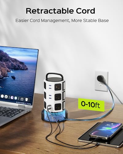 Power Strip Tower JACKYLED Surge Protector Electric Charging Station with 13A 12 Outlets 6 USB Ports Heavy Duty Extension Cord for Home Office Computer Nightstand Laptop Phone White Black