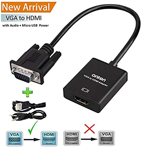 ONTEN VGA to HDMI, 1080P Adapter (Male to Female) for Computer, Desktop, Laptop, PC, Monitor, Projector, HDTV with Audio Cable and USB Cable (1 Pcs)