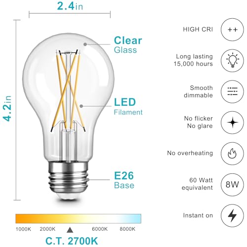 TJOY 12 Pack A19 Vintage LED Edison Bulbs, Dimmable, 60W Equivalent, High Brightness 2700K Warm White, 8W E26 Standard Base, 800 Lumens, CRI80+, Clear Glass Filament Bulb for Home, Farmhouse