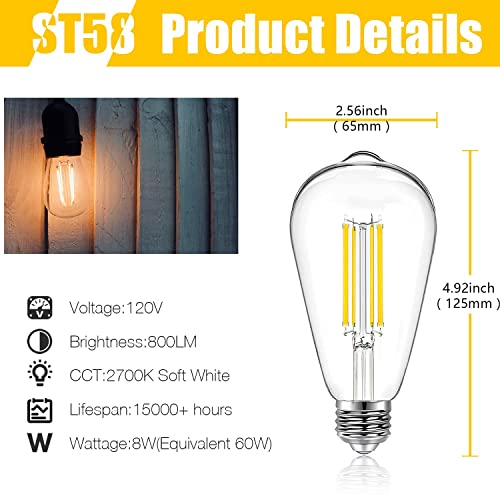 DAYBETTER 4 Pack Vintage LED Edison Bulbs, E26 Led Bulb 60W Equivalent, Dimmable Led Light Bulbs, High Brightness 800 LM Warm White 2700K, ST58 Antique LED Filament Bulbs, Clear Glass Style for Home