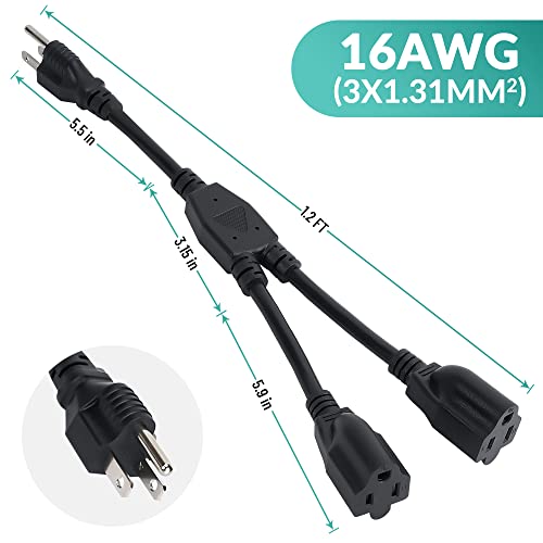 Elecan 3-Prong Y Splitter Power Extension Cord 1 FT, Straight Plug 1 to 2 Way Outlet Space Saver, Heavy Duty Weatherproof SJTW, 16AWG 13A, 5-15P Cable Extender for Indoor Outdoor-UL