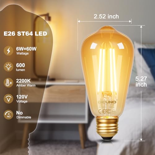 DiCUNO E26 Edison Bulbs 60W, 2200K Amber Warm, 6W LED Edison Bulb ST64, Amber Glass, Vintage LED Light for Home, 600LM, Non-Dimmable, CRI 80, Pack of 2