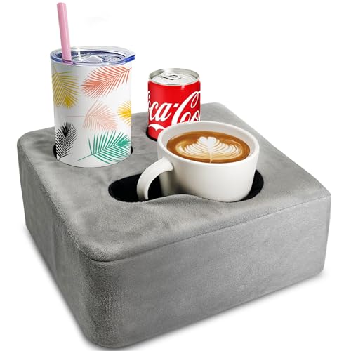 Couch Cup Holder Pillow Tray & Caddy - for Sofa, Bed, Car, Man Cave | Keep Drinks at Hand & Spill-Proof Accessories for New Parents, Camping, Park, Boat, Beach, Bathroom Cup Holder, Gray