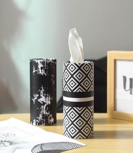 Winoo Design Small Car Tissues Holder - 4PK Modern Black Plastic & Resin Facial Tissues Cylinder - Fits Most Car Cup Holders - Travel Tissue Tubes Box Container