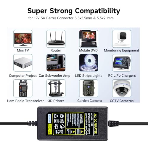 Power Adapter 12V 5A 4A 3A 2.5A 2A 1A AC DC Power Supply Cord Cable 5.5x2.1mm for Sceptre EC Series Monitor,ONN,AOC,Dell,Webcam, Router, Projector, CCTV, Speakers & More 12v 5a Monitor Charger