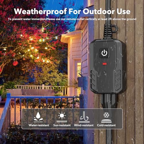 BN-LINK Outdoor Remote Control Outlet Plug Black,Indoor Wireless Outlet Switch Weatherproof Heavy Duty 15A 3-Prong 6-inch Cord 100Ft Range (Battery Included)