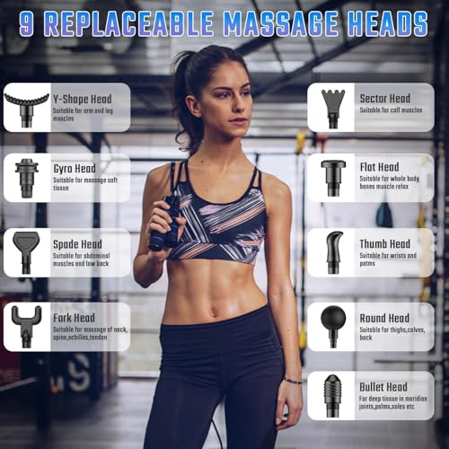 cotsoco Massage Gun Deep Tissue, Muscle Massage Gun with 9 Attachment Heads 20 Speeds & Silent Brushless Motor for Pain Relief, Handheld Percussion Back Massager Gun for Athletes (Black)