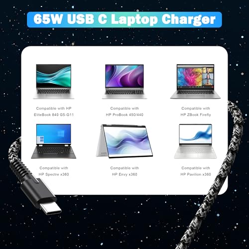 Slim 65W USB C Laptop Charger for HP Spectre X360, Chromebook, Envy, EliteBook x360, Elite x2, Pavilion, Omnibook, ProBook, ZBook, Travel AC Power Adapter Cord Supply