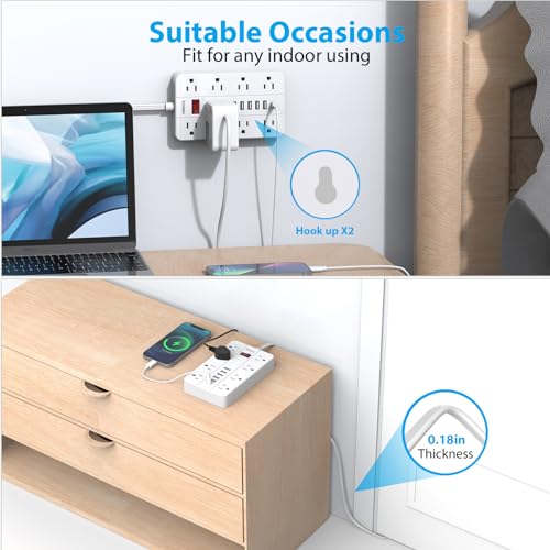 Power Strip with USB,Surge Protector Flat Plug with 8 Widely Spaced Outlets and 6 USB Ports(1 USB C), 5ft Extension Cord Wall Mountable Phone Tablet Laptop Computer Multiple Devices