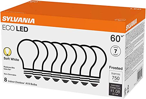 Sylvania ECO LED Light Bulb, A19 60W Equivalent, Efficient 9W, 7 Year, 750 Lumens, 2700K, Non-Dimmable, Frosted, Soft White - 8 Pack (40821)