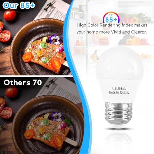 LED Refrigerator Light Bulb 2 Pack，Daylight White 5000K 120V 40W Equivalent Appliance Bulb，A15 5W E26 Base Waterproof Fridge Light Bulbs for Freezer Home Lighting,Small Light Bulb,Dimmable