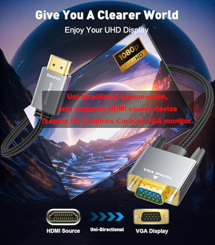 HDMI to VGA Adapter Cable 6FT [Metal Case, Nylon Cable] 1080P@60Hz HDMI Male to VGA Male Uni-Directional Braided Cord for Computer, Laptop, Monitor, Roku, Xbox, Graphics Card More