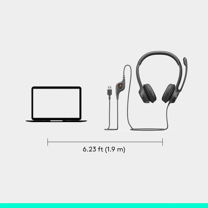 Logitech H390 Wired Headphones with Mic, USB-A Headset with Microphone for PC, Noise Cancelling Microphone for Video Meetings, Music, Gaming - Black