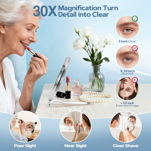 B Beauty Planet 30X Magnifying Mirror for Travel with Handle, Double-Sided 1X/30X Magnification Hand Mirror for Makeup,Travel Mirror for Desk 5 Inches