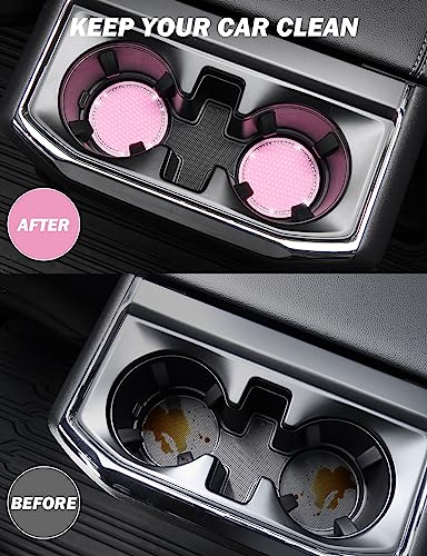 JOYTUTUS Cup Holder Coasters for Car, 2 Pack Universal Anti-Slip Car Coasters with Crystal Rhinestone, 2.75 inch/6.98 cm PVC Cup Holder Insert Coaster, Pink Car Accessories (Pink with Diamond)