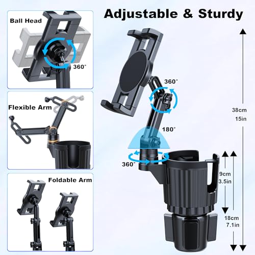Peastrex Cup Holder Tablet Mount, Ipad Cup Holder Car Mount with Adjustable Arm for Tablet iPhone 3-11in iPad Pro Air Mini, Fire, iPhone 15, Galaxy S24 Z Fold 5
