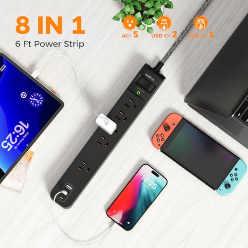 2 Pack Surge Protector Power Strip – 5 Wide Outlets, 3 USB Ports, 6FT Braided Cord, Flat Plug, 15A