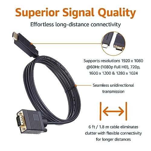Basics HDMI to VGA Cable, 1080P, Gold-Plated, 6 feet, Black