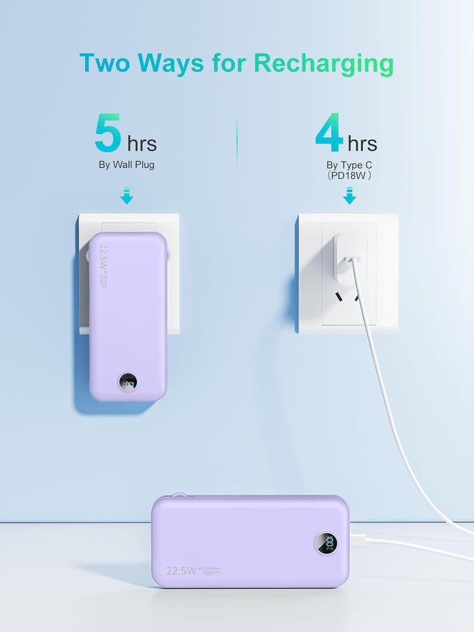 Portable Charger, 12000mAh 22.5W USB C Fast Charging Power Bank with Built-in Cables and AC Wall Plug, Smart LED Display Travel Essentials Battery Pack Compatible with iPhone, iPad, Samsung etc Purple