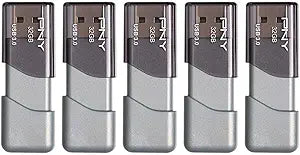 PNY 32GB Turbo Attache 3 USB 3.0 Flash Drive, Grey (Pack of 5)