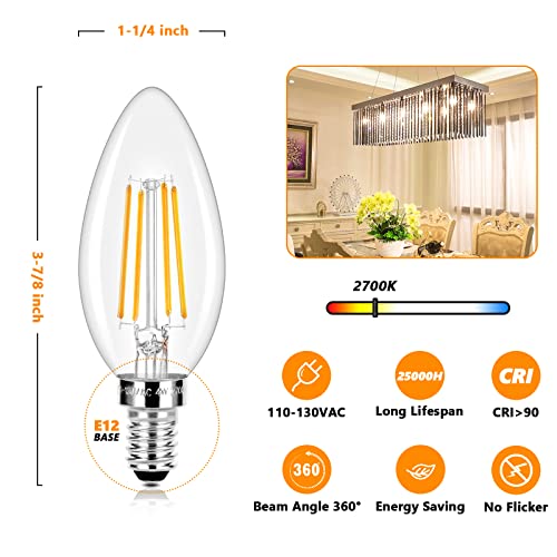 E12 LED Candelabra Bulbs 40 Watt Equivalent, 4W Vintage Candle Light Bulbs Dimmable, 470Lm Warm White 2700K B11 Edison Bulb, Filament Clear Glass Lamp Bulb for Chandelier Ceiling Fan (5 Packs)