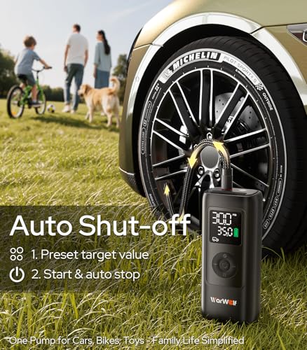 WARWOLF 160PSI Tire Inflator Portable Air Compressor, Electric Air Pump for Car Tires with Pressure Gauge, Dual Power 12V DC, LED Light, Auto Shut-Off, Tire Pump for Auto, Motorcycle, Bicycle, Balls