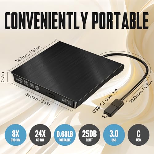 External CD/DVD Drive, Portable USB 3.0 & USB-C CD RW Drive, DVD Player, DVD Burner for Laptop, Desktop, Compatible with Windows 7/8/10/11, Mac, MacBook Pro/Air, Linux (IDD029-2)