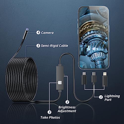 Endoscope Camera with Light, 1920P HD Borescope Tools with 8 Adjustable LED Lights, Endoscope with Semi-Rigid Snake Camera, Inspection Borescope for iOS and Android - 16.4ft Single Lens