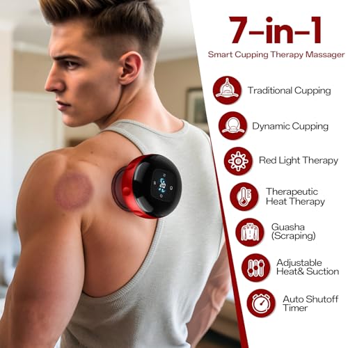 Smart Cupping Therapy Massager, 7 in 1 Red Light Cupping Therapy Set with 2 Modes for Targeted Pain Relief, Muscle Soreness,Tighter Skin, Cupping Kit with 12 Levels Suction and Heat,1 Pack