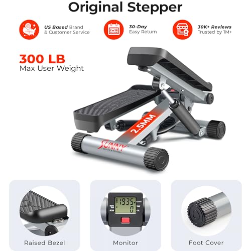 Sunny Health & Fitness Mini Steppers for Exercise at Home, Stair Step Workout Machine with Resistance Bands, Full Body Cardio Equipment with Digital Monitor - No. 012 -S