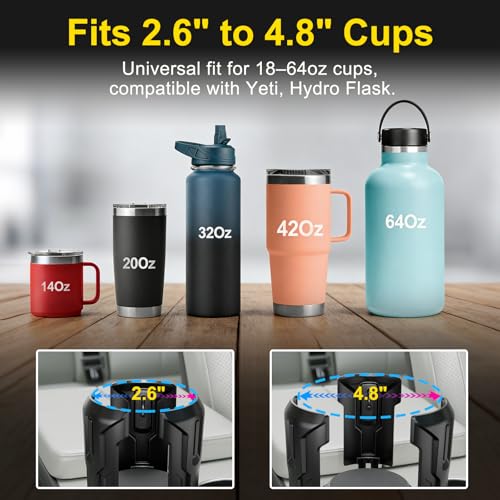 Cup Holder Expander (Adjustable Holder & Base, Auto-Fit Hold, One Button Open), Car Cup Holder Expander for Yeti, Hydro Flask, Nalgene, Owala, Bottles in 2.6"- 4.8" (1 Pack)