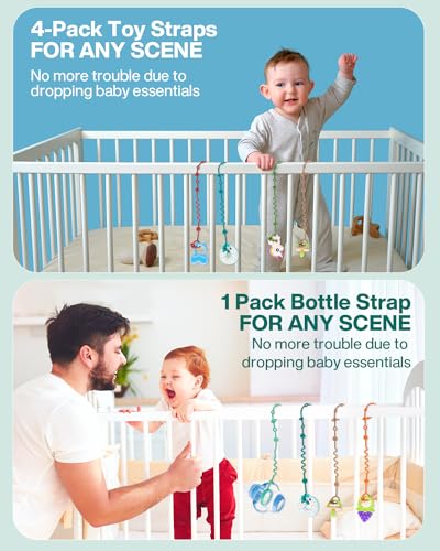 Toy Straps for Baby, 5pcs Adjustable Toy Holder for Stroller Accessories, Silicone Tether Pacifier Clip, No Throw Travel Essential Leash for High Chair, Car Seat (5-Pack)