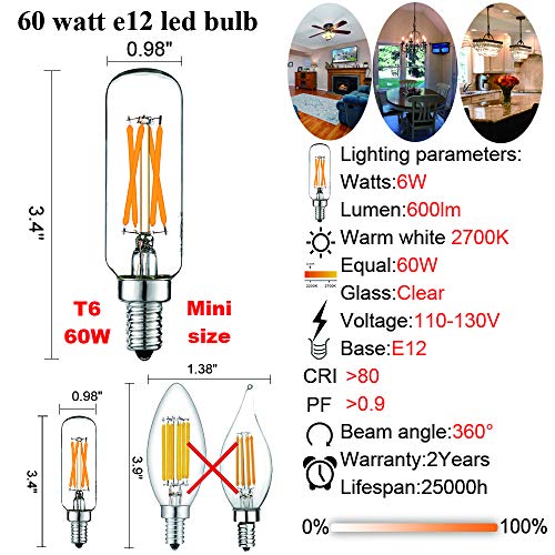 LiteHistory LED Bulb Dimmable 6W Equal Warm White 2700K T6 T25 E12 Candelabra Bulb 60 watt for Chandeliers,Ceiling Fan,Pendant,Wall sconces AC120V 600LM e12 Light Bulb 6Pack