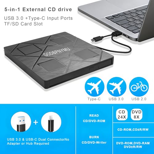 5-in-1 Extemal CD/DVD Drive for Laptop,USB 3.0 & Type-C Portable CD/DvD Rw Burner with SD/TF Card Reader &DVD-ROM Rewritable Player，Compatible with Laptop Pc Desktop, Windows11/10/8/7 Linux Mac os