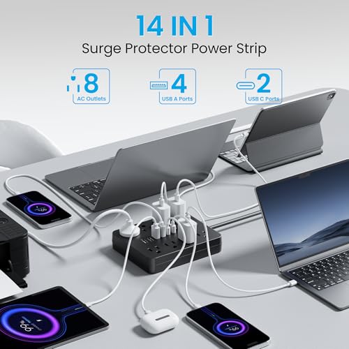 Surge Protector Power Strip, 8 Outlets(1250W/10A), 6 USB Charging Ports(2 USB C), 6FT Flat Plug Extension Cord Outlet Extender with Overload Protection, ETL Certified for Office, Dorm Room