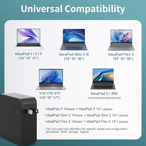 Charger for Lenovo Laptop IdeaPad 1/3/5 Slim 3/3i Flex 5 (14 15 16 Inch) V14 V15 V17 S145 S340 S540 320 320S 330 330S Lengthened Power Cord Round Tip AC Adapter 65W 45W