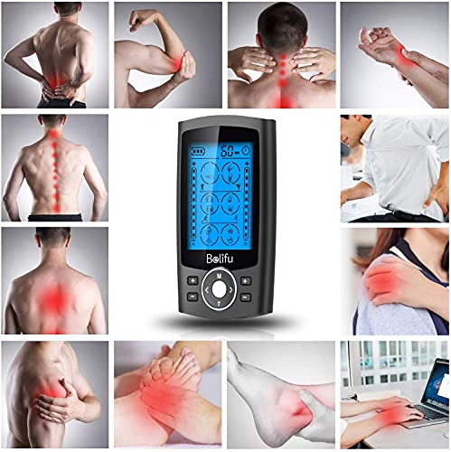 Belifu Dual Channel TENS EMS Unit – 24 Modes Muscle Stimulator with 10 Pads, Rechargeable Electronic Pulse Massager