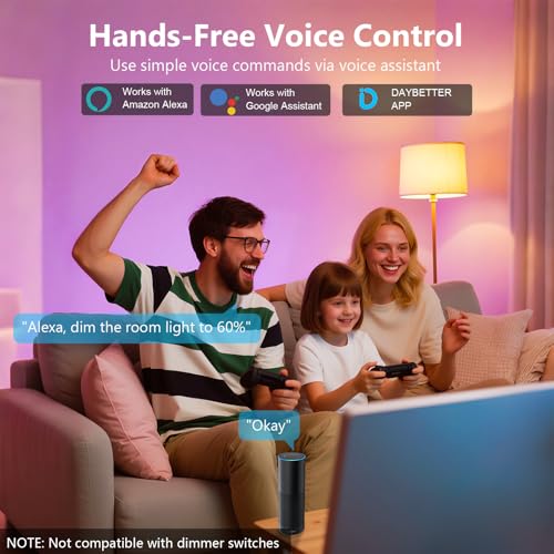 DAYBETTER Smart Light Bulbs, RGBCW Color Changing Smart Bulb Compatible with Alexa & Google Home,Preset Scene, Music Sync, A19 E26 2.4G WiFi Bluetooth Dimmable LED Bulbs, 60W Equivalent, 800LM, 6 Pack