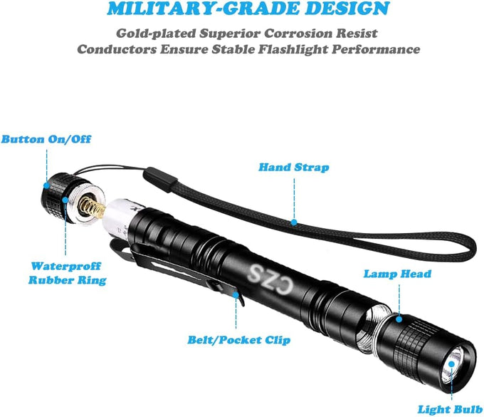 CZS Flashlight, 2 Pack Pen Light, Small Flashlights High Lumens, Battery-Powered LED Flashlight by 2AAA Battery, Waterproof Pocket Flashlights for Work, Emergency (Battery Not Included)