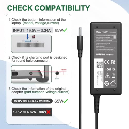65W Charger for Dell Laptop Charger,AC Adapter for Dell Inspiron 15 3000 5000 Series 15-3552 3558 3565 3567 5551 5552 5555 5558 5559 Laptop Power Supply Cord